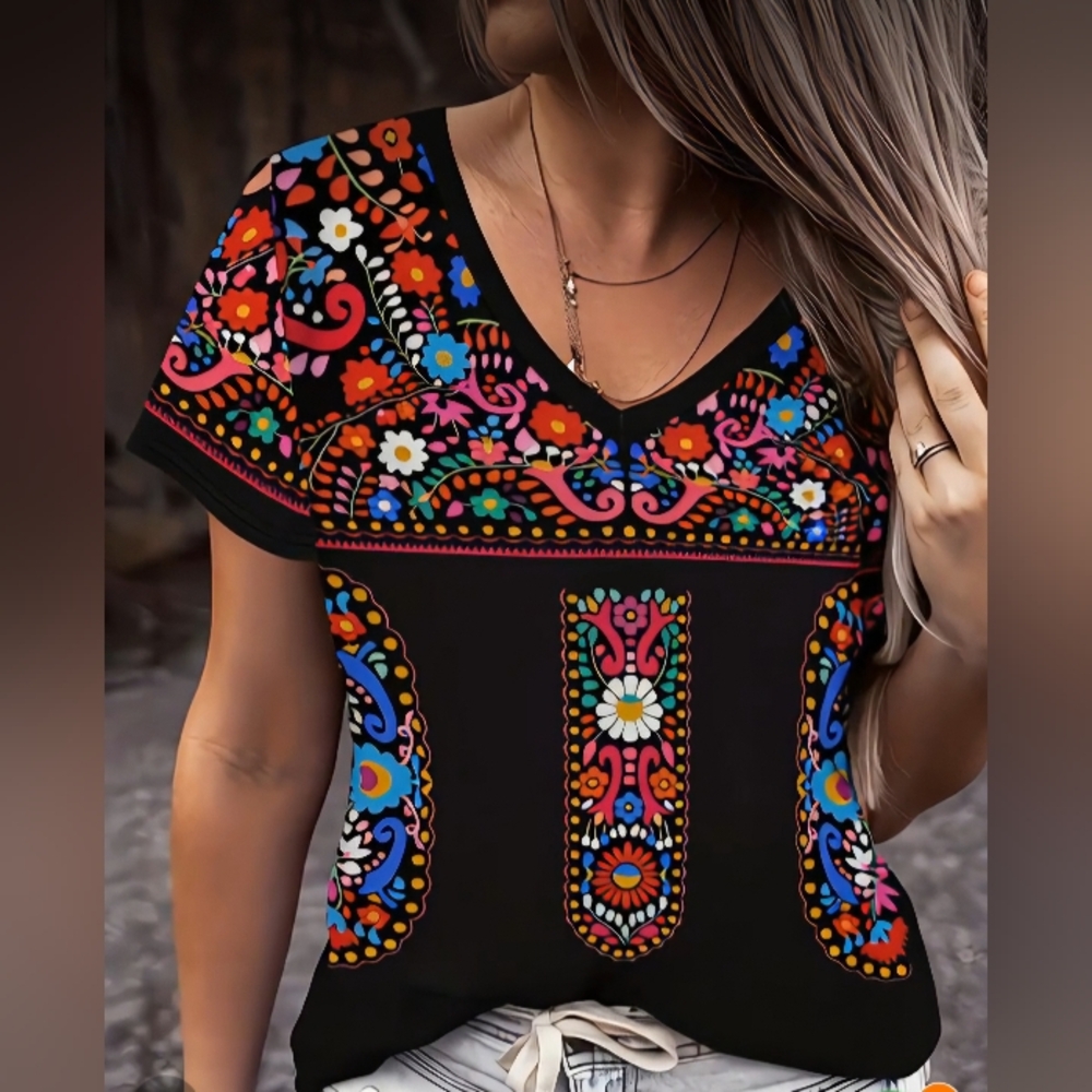 Women's Black Short Sleeve V-Neck Tee with Colorful Floral Print